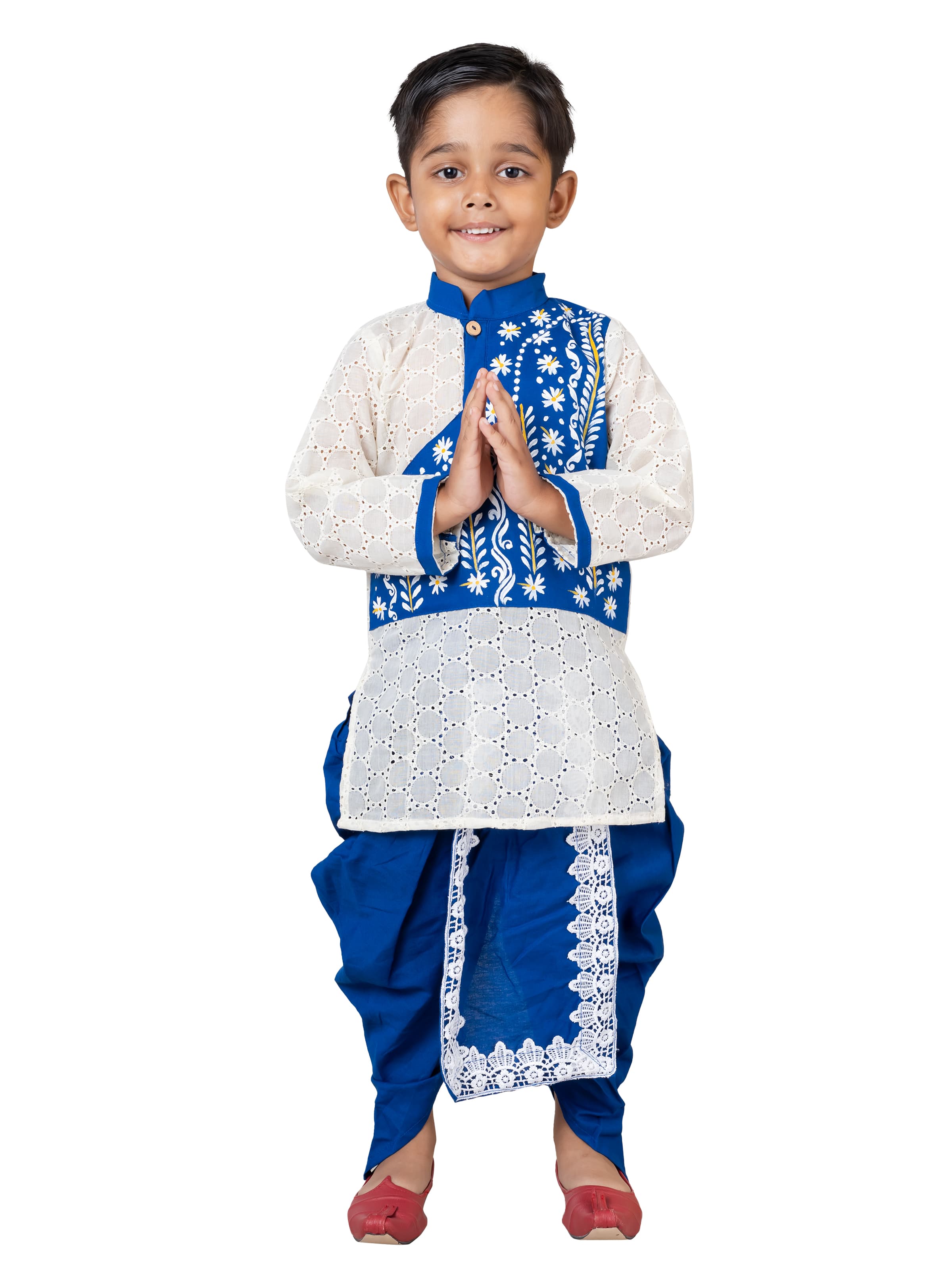 Blue Pure Handloom Work Hakoba Kids Kurta Dhoti Pant From Bengal