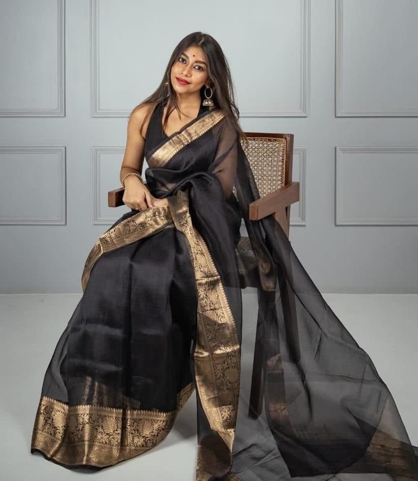 Black Pure Handloom Organza Silk Saree From Bengal