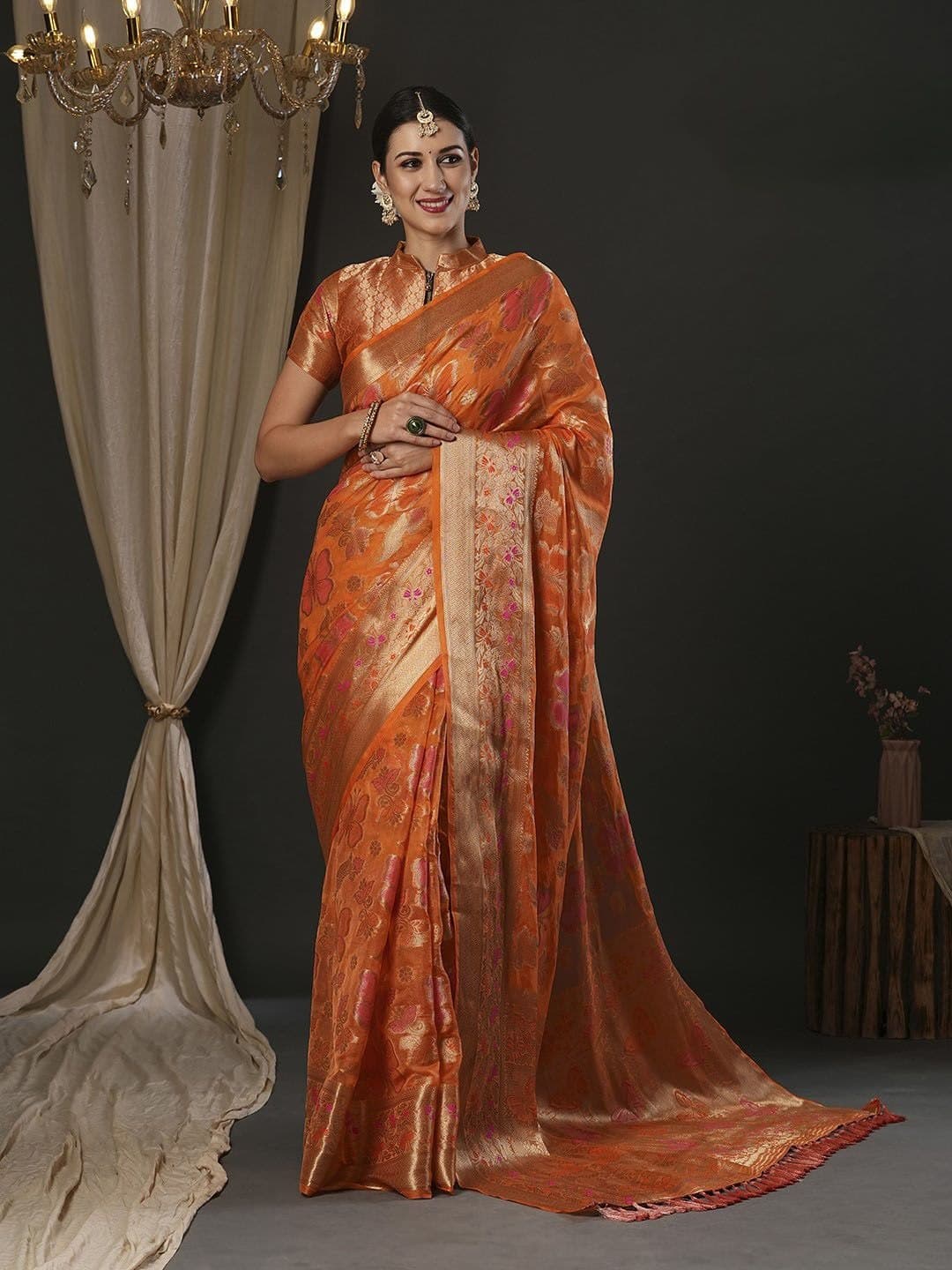 Sunrise Orange Pure Handloom Organza Saree