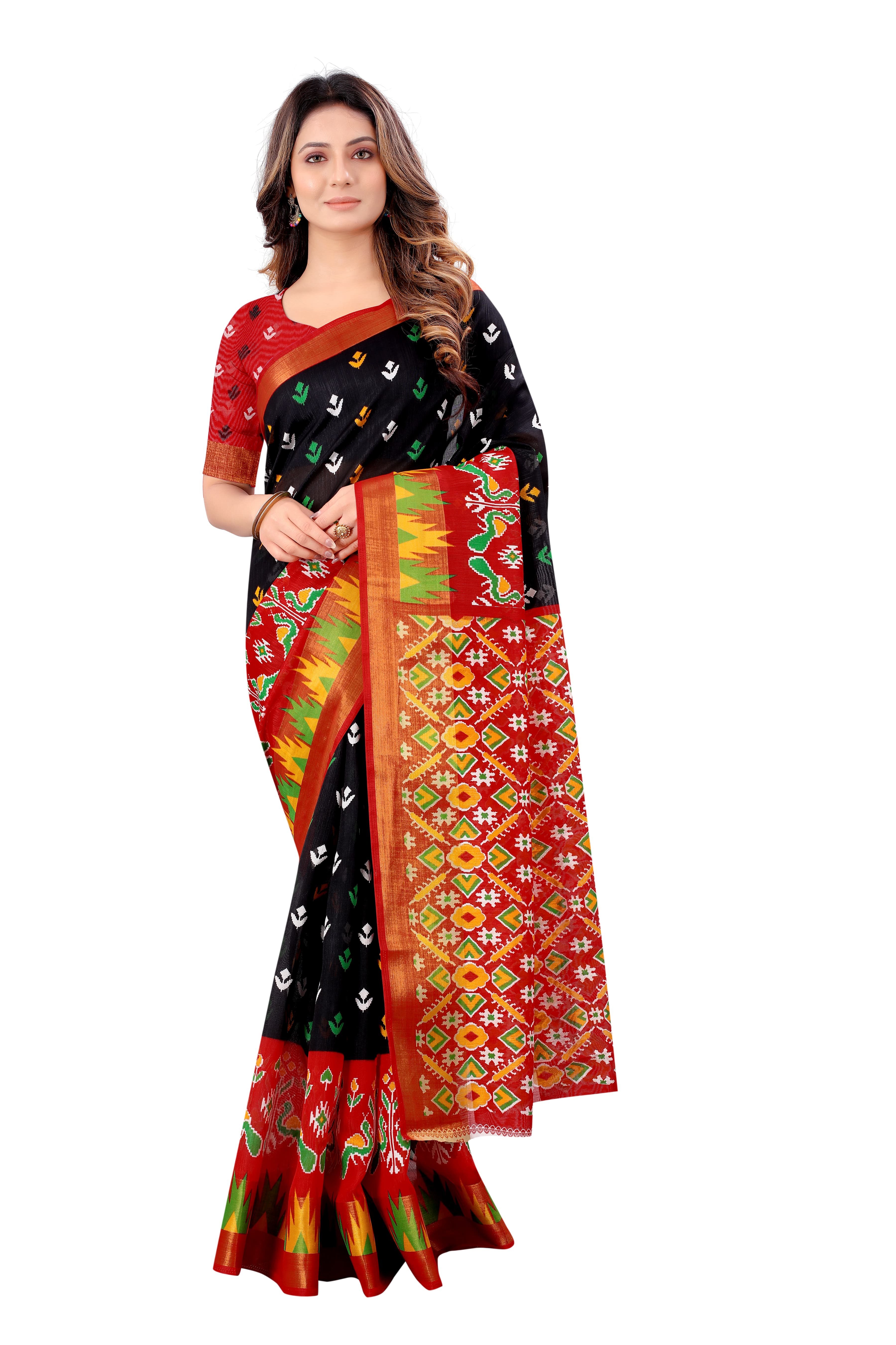 Mahastree Red Ikkat Pattu Kalamkari Silk Cotton Saree