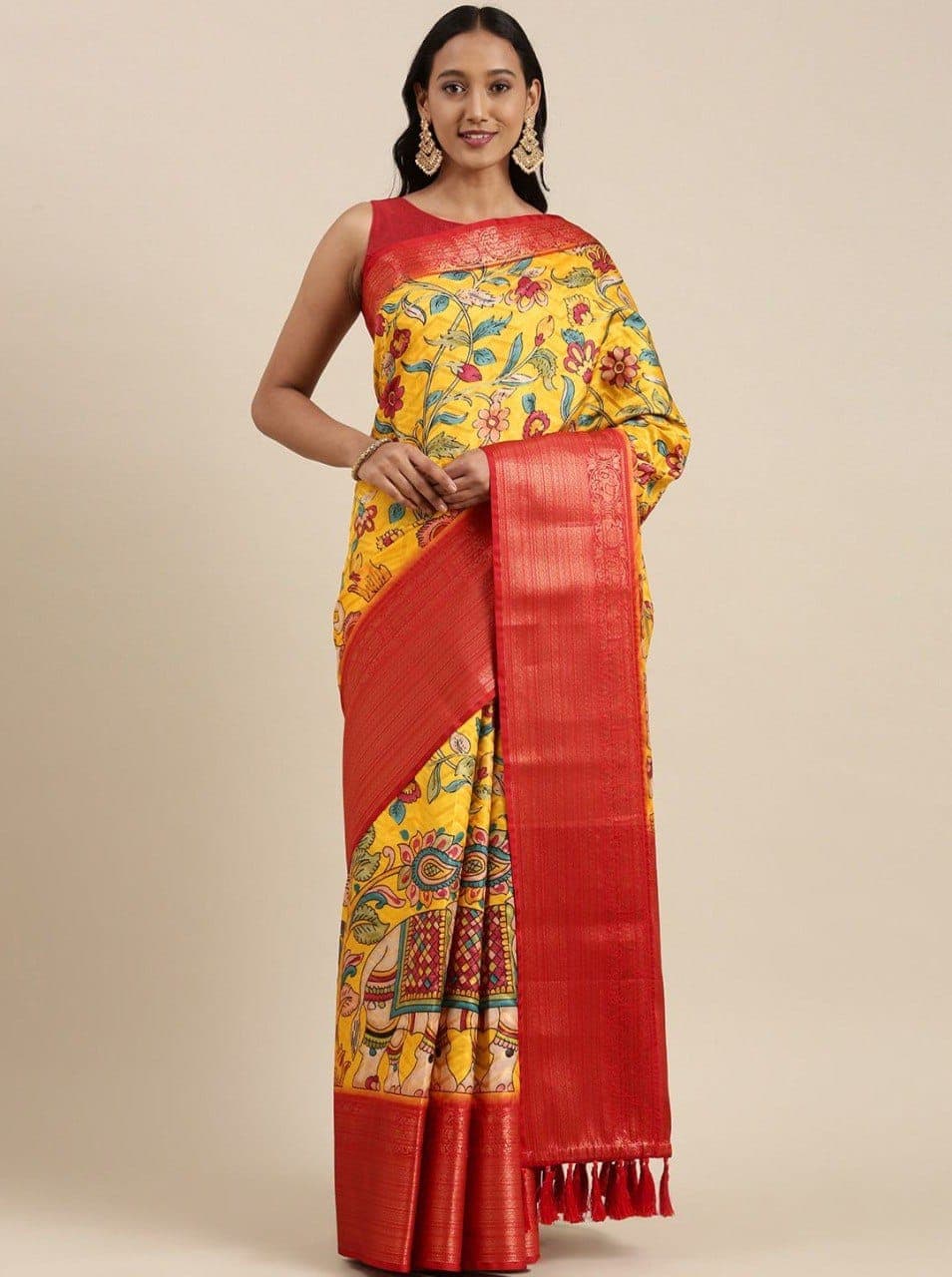 Red Yellow Kalamkari Silk Party Saree
