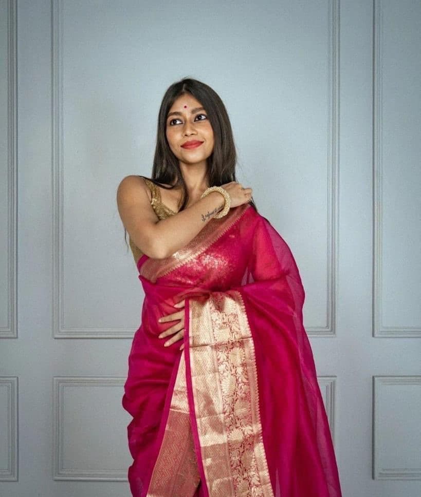 Pink Pure Handloom Organza Silk Saree From Bengal